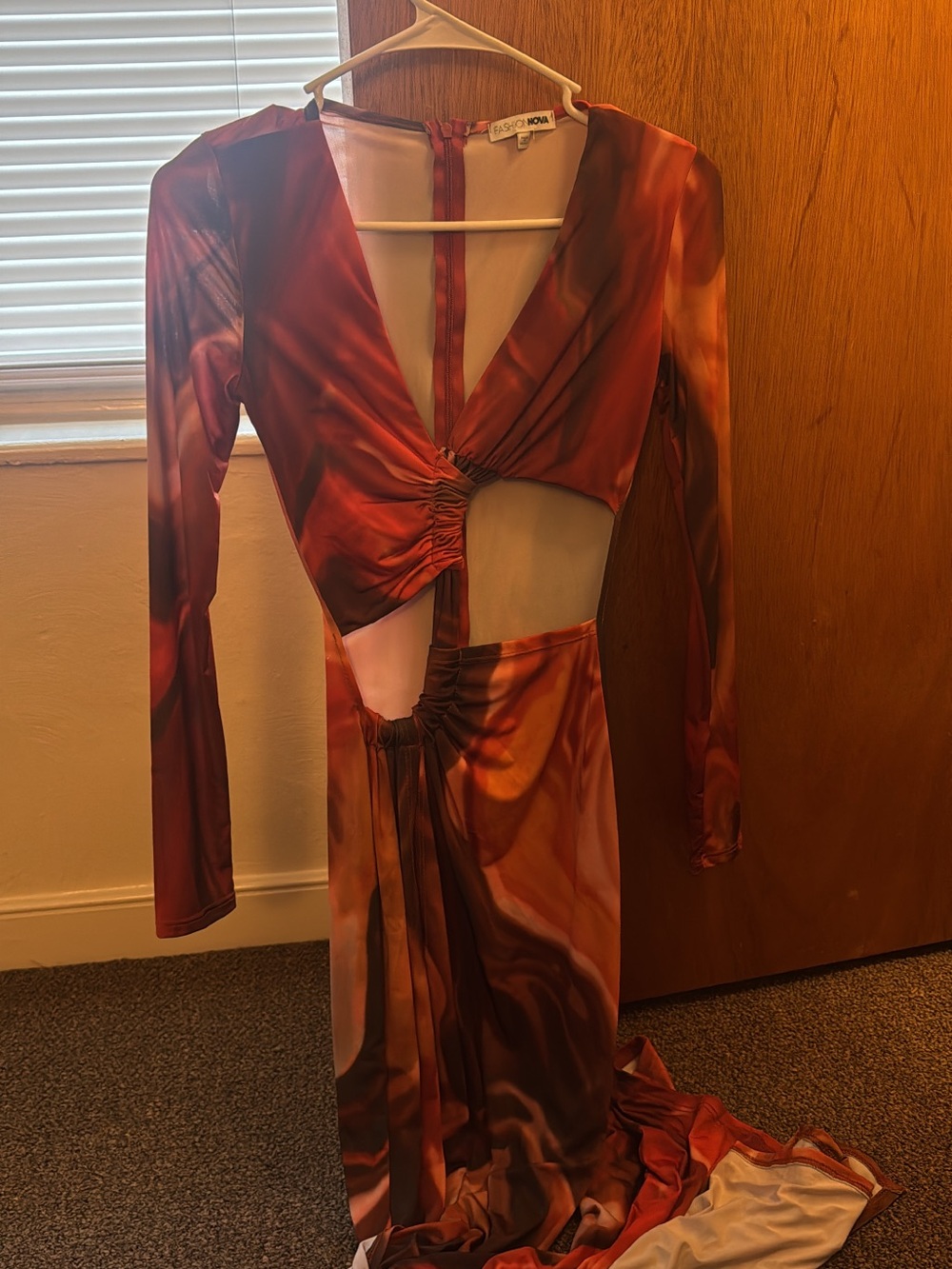 Fashion Nova Red Marble Long-Sleeve Cutout Maxi Dress